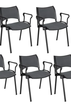 Set van 5 Vergaderstoelen ROMEL MET ARMLEUNINGEN, Comfortabele Zitting, Stapelbaar, Zwarte Poten, Grijs Stoffen Bekleding Bestel Nu