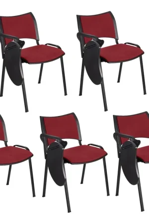 Veilige Betaling Set van 5 Vergaderstoelen ROMEL MET KLAPTAFELTJE, Comfortabele Zitting, Stapelbaar, Zwarte Poten, Bordeaux Stoffen Bekleding