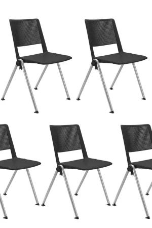 Beperkte Voorraad SET van 5 Vergaderstoelen CARINA, Stapelbaar, Stoelkoppelsysteem, Zwart Kunststof met Grijze Poten